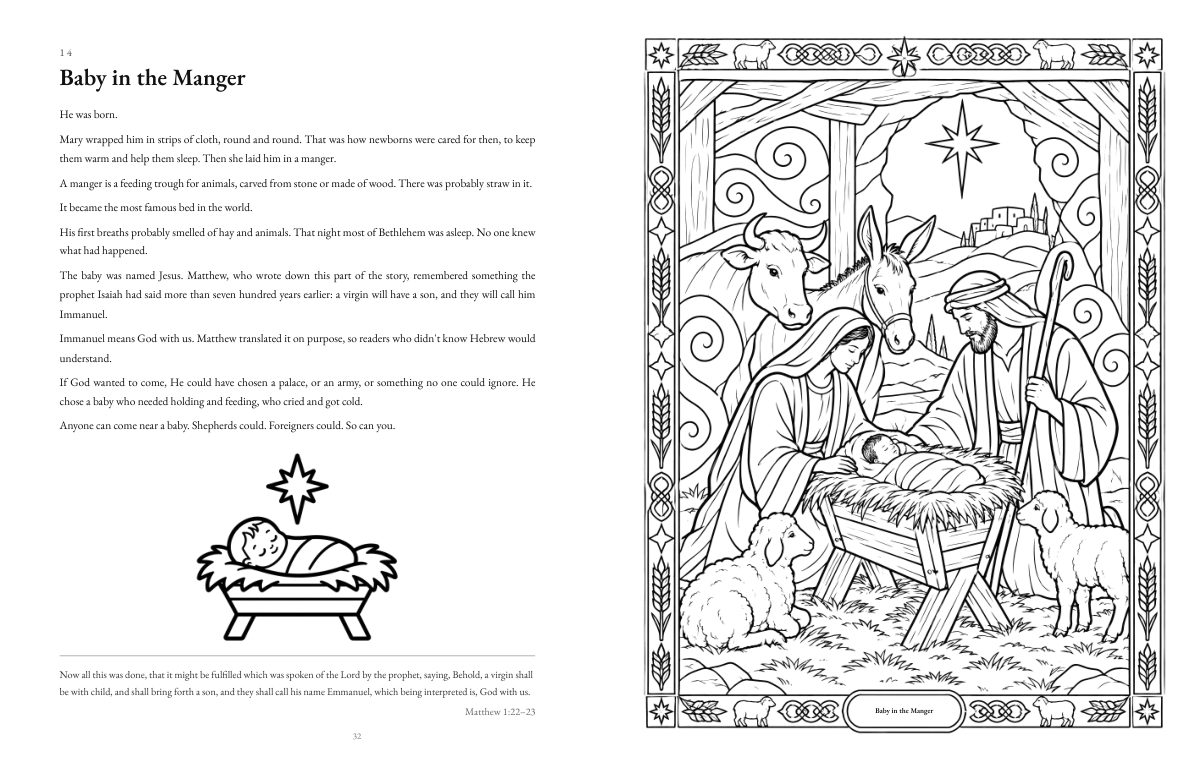 A two-page spread: the story of the baby in the manger on the left with an easy drawing, a detailed coloring page on the right